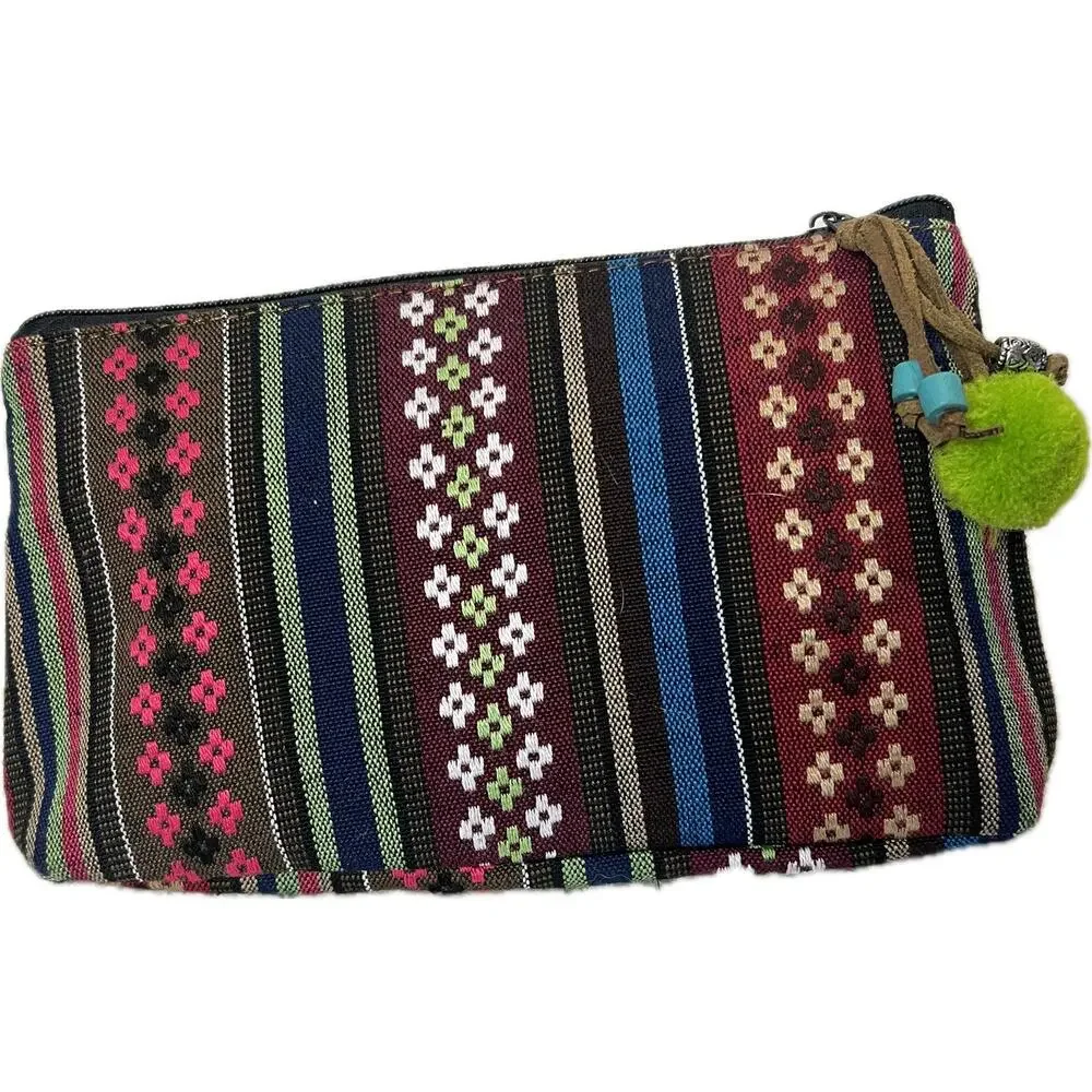 Boho Ultrasuede Embroidered Make-up Bag Beads Pom-pom
